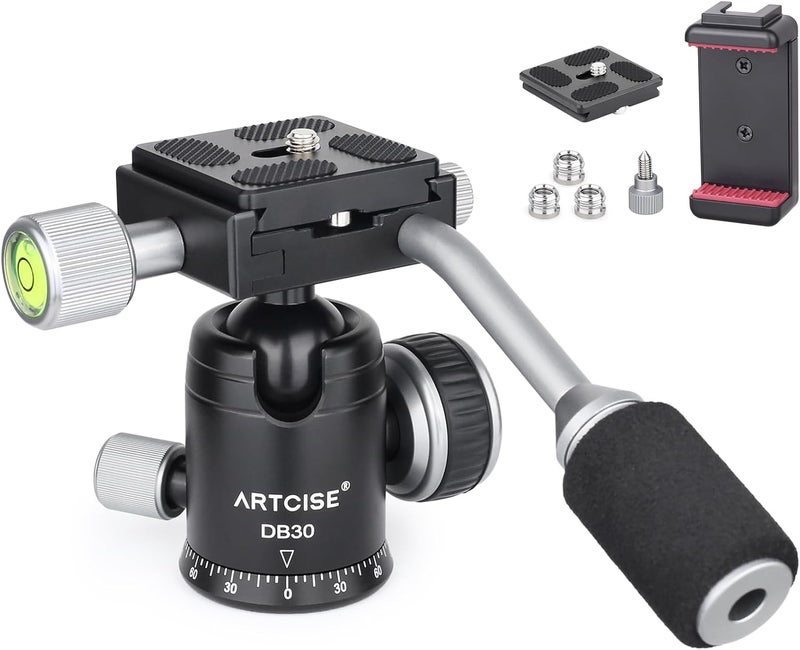 ARTCISE Ball Head with Handle All Metal CNC Ball Head with Two Quick Release Plates and Phone Clip for Tripod, Monopod, DSLR, Camcorder, DV, Telescope, Hunting，Max Load 22lb/10kg - Image 1
